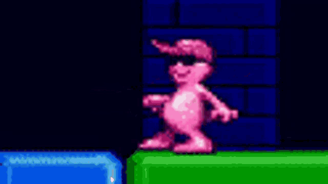 a pixel art of a pink panther standing on a green block .
