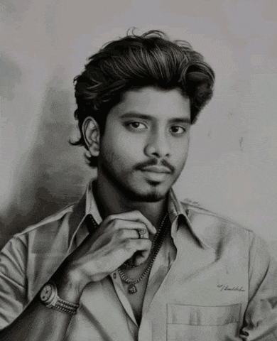 a black and white drawing of a man with a watch on his wrist and a purple background