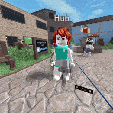a girl kneeling in front of a building that has the word hub on it