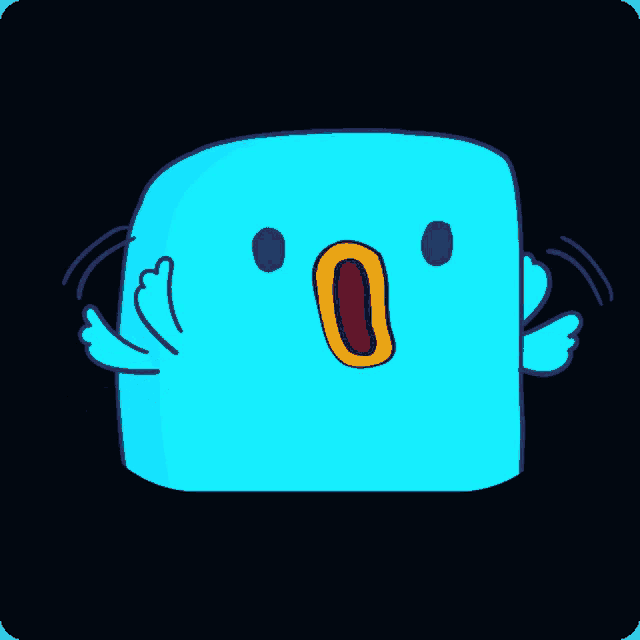 a cartoon drawing of a blue square with a surprised look on its face