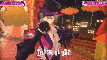 a man in a top hat is singing into a microphone with the words do i see a gira on the bottom right