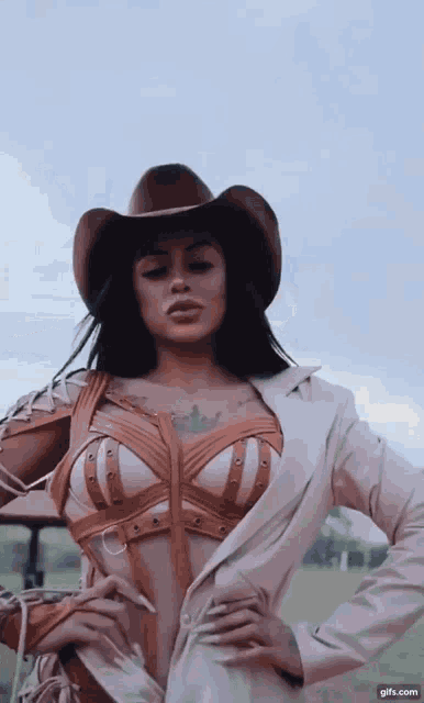 a woman is wearing a cowboy hat and a corset .
