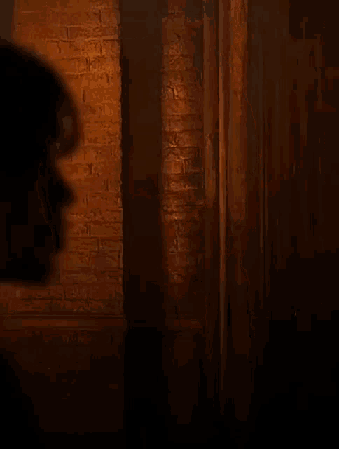 a person is standing in front of a brick wall .