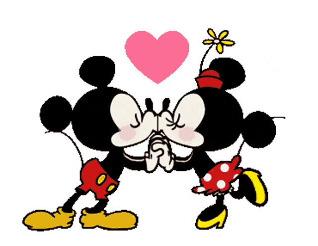 mickey mouse and minnie mouse are kissing under a heart