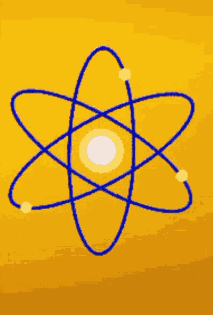 a blue and yellow drawing of an atom with a yellow background