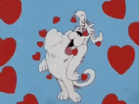 a cartoon dog is surrounded by red hearts and holding a heart in its mouth .