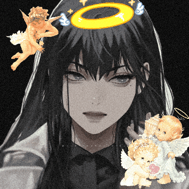 a pixel art of a girl with angels around her