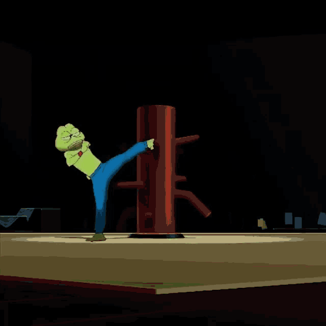 a green frog is standing in front of a red dummy in a dark room