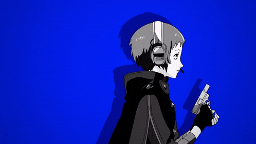 a black and white drawing of a person with headphones and a gun