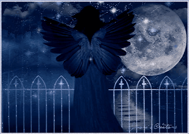 a picture of a dark angel with a full moon behind her