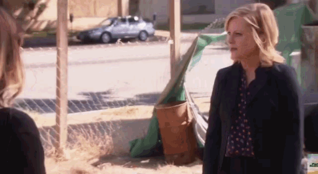 two women are standing next to each other in front of a fence and a car .