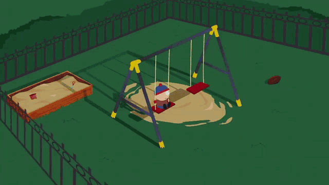 stanley from south park sits on a swing in a park