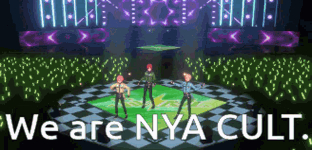 a group of people standing on a stage with the words we are nya cult on the bottom