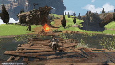 a video game screen shows a man riding a horse across a wooden bridge