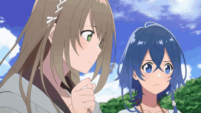 two anime girls are standing next to each other and one has a blue hair