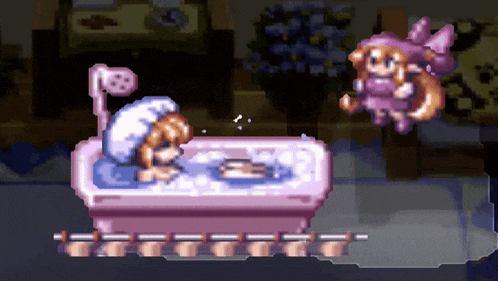 a pixel art of a girl taking a bath in a tub