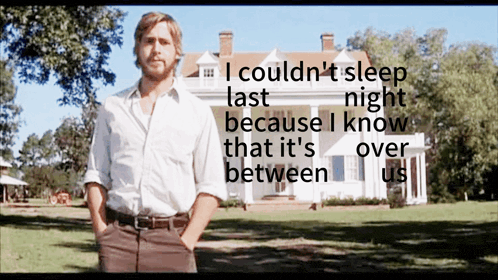 a man standing in front of a house with the words " i could n't sleep last night
