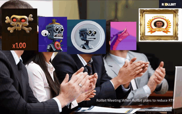a group of people are clapping in front of a poster that says rollbit meeting