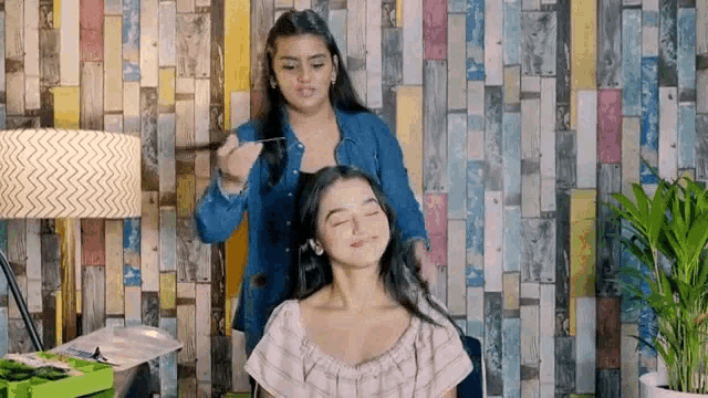 a woman is brushing another woman 's hair in a room .