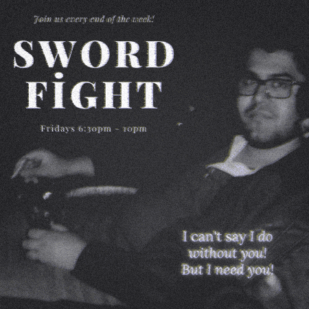a poster for sword fight with a man in a suit