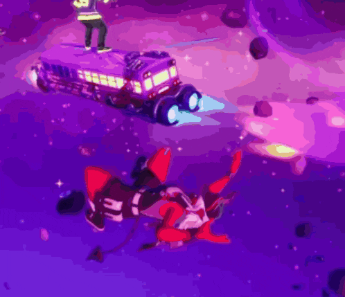 a purple background with a person in a santa suit