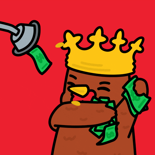 a cartoon drawing of a man wearing a crown surrounded by dollar bills