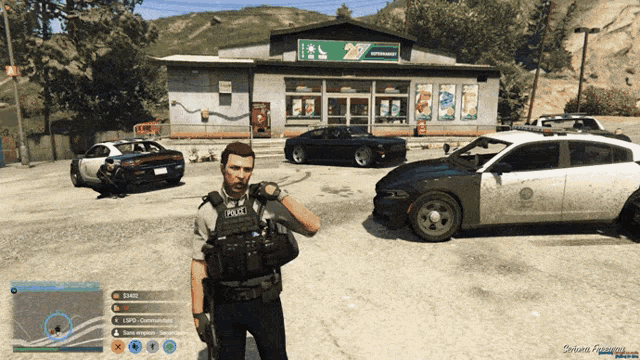 a police officer in a video game is standing in front of a store called 22