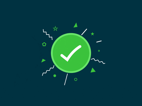 a green check mark is surrounded by geometric shapes on a dark background