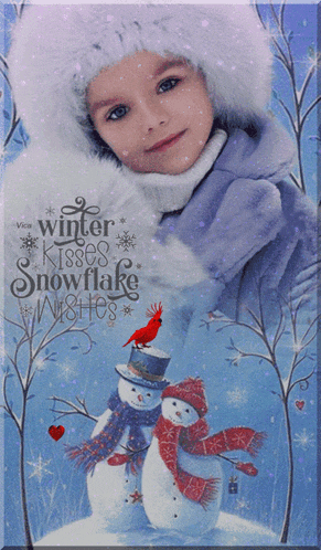 a picture of a little girl with the words winter kisses snowflake wishes on the bottom