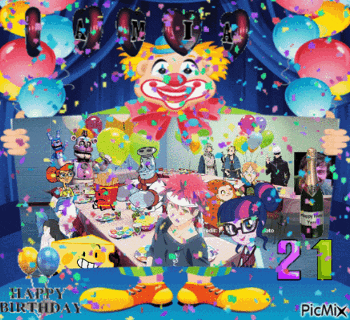 a picture of a birthday party with a clown holding a sign that says happy birthday