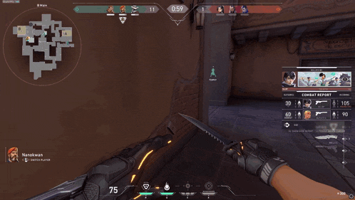 a person holding a knife in a video game with a combat report displayed on the screen