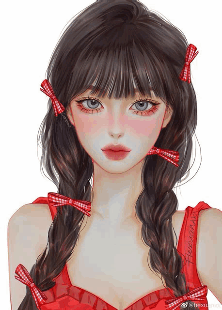 a drawing of a girl with plaid bows in her hair by nexuan