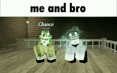 two roblox characters are standing next to each other and the words me and bro are above them