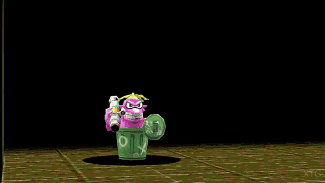 a video game scene with a cartoon character holding a pencil and a green object with the number 0 on it