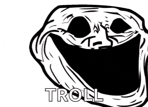 a red troll face with the word troll written on it