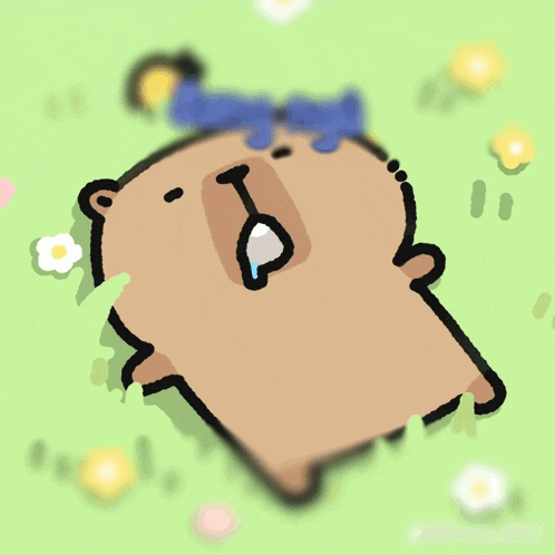 a cartoon drawing of a bear laying in the grass with flowers in the background