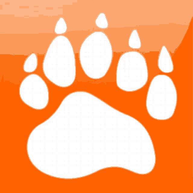 an orange background with a white paw print