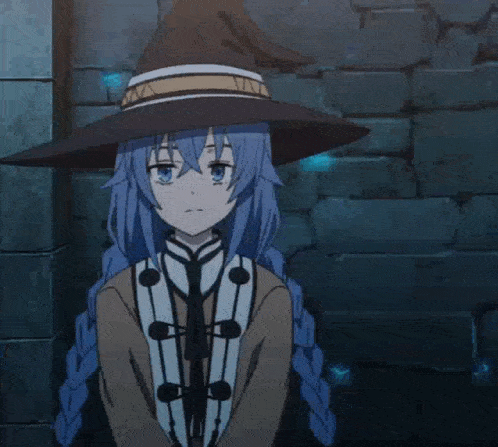 a girl with blue hair and a witch hat stands in front of a stone wall