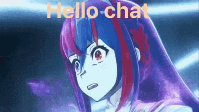a purple and red anime girl with the words `` hello chat '' written on the bottom of her face .