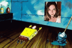 a cartoon of spongebob laying on the floor next to a mop and a picture of a woman