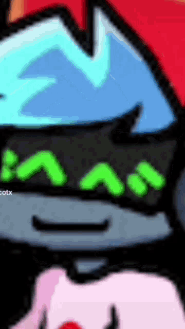 a close up of a cartoon character 's face with green letters .