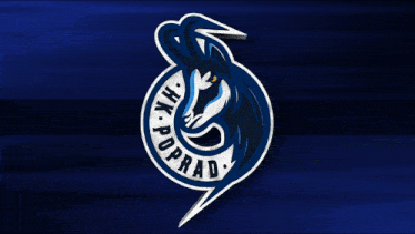 a blue and white logo for hk poprad with a horse