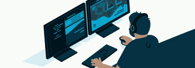 a man wearing headphones is sitting in front of two computer screens