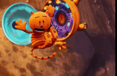 a cartoon tiger is flying through the air with a blue object behind him