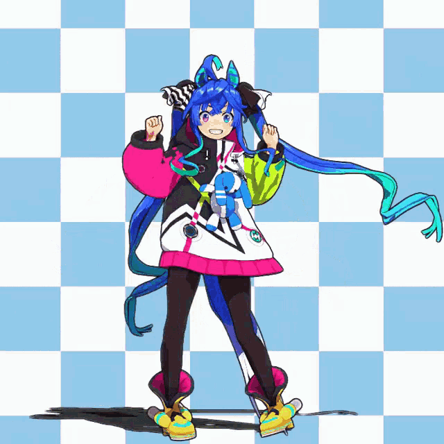 a cartoon character with blue hair is standing on a checkered blue and white background