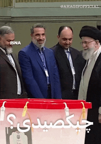 a group of men standing around a ballot box that says ' isna ' on the bottom