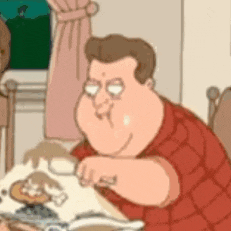 a cartoon man is sitting at a table reading a book while eating food .