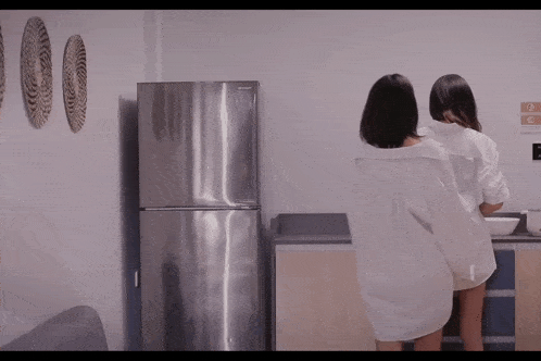two women standing in front of a sharp refrigerator in a kitchen