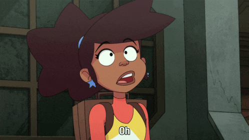 a cartoon girl with a backpack and a yellow shirt that says oh