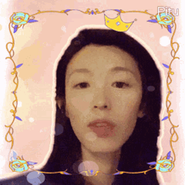 a woman with a crown on her head is surrounded by flowers and a frame that says pitu